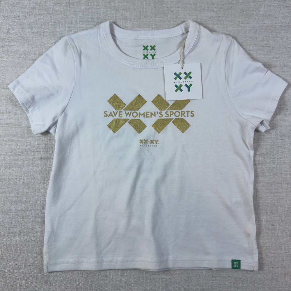 XX-XY Athletics Save Womens Sports Graphic Tee White Gold XS NWT